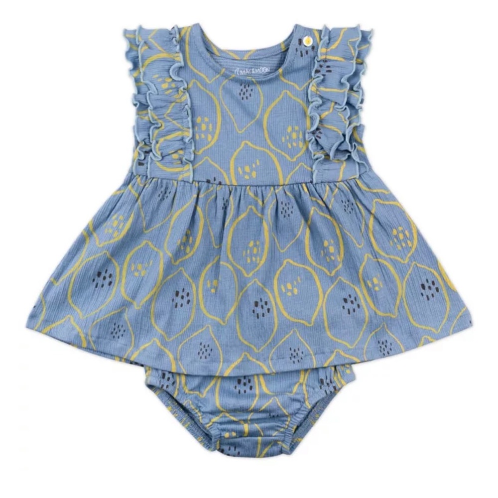 NWT NEW Mac & Moon 2PC Lemons Ruffle Sleeve Dress & Diaper Cover Set in Indigo